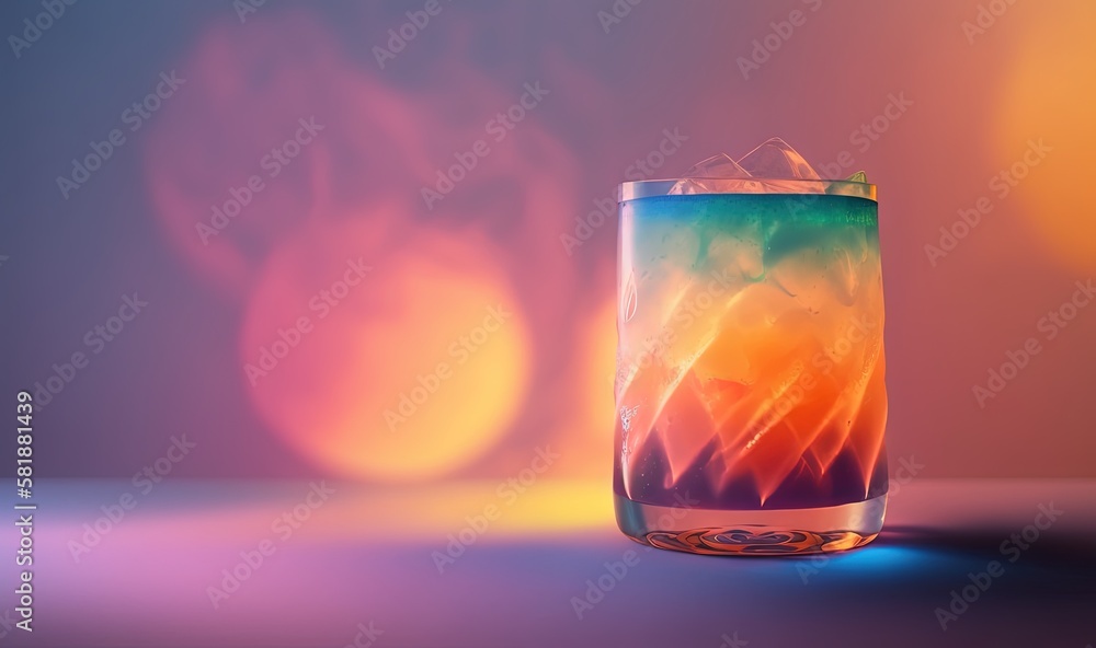 Poster a glass with a liquid inside of it on a table with a blurry background and a bright light in the bac