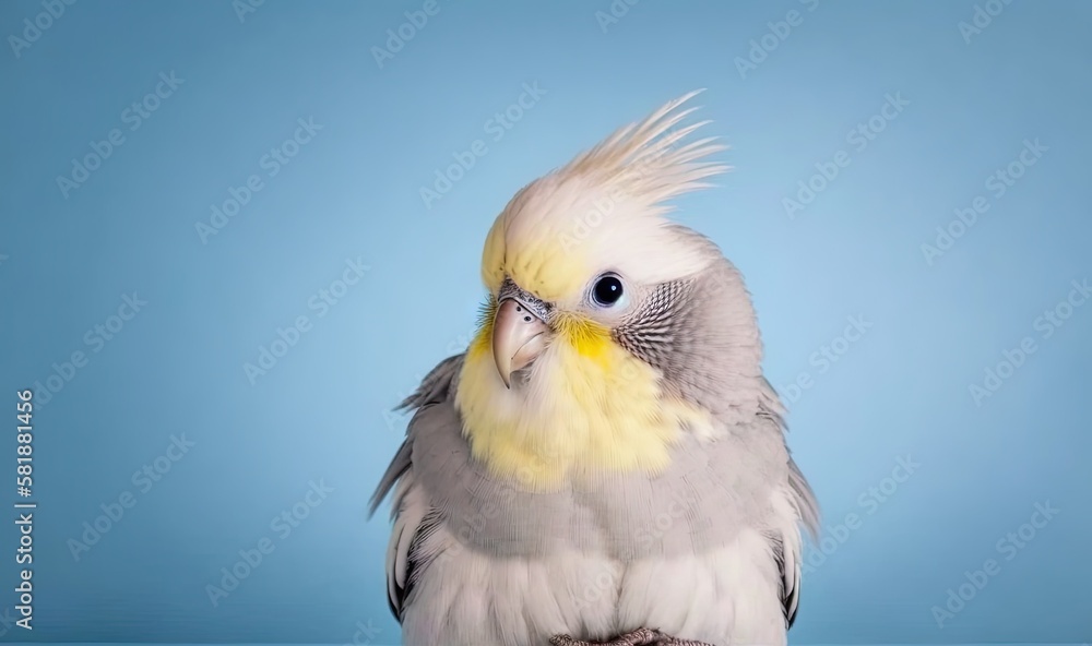 Poster a yellow and gray bird with a mohawk on it's head sitting on a table with a blue background and a li