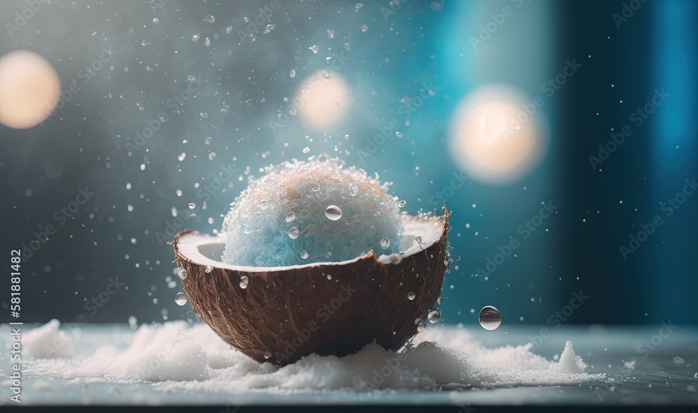 Poster a coconut in a coconut shell with bubbles of water on the top of the shell and on the bottom of the 