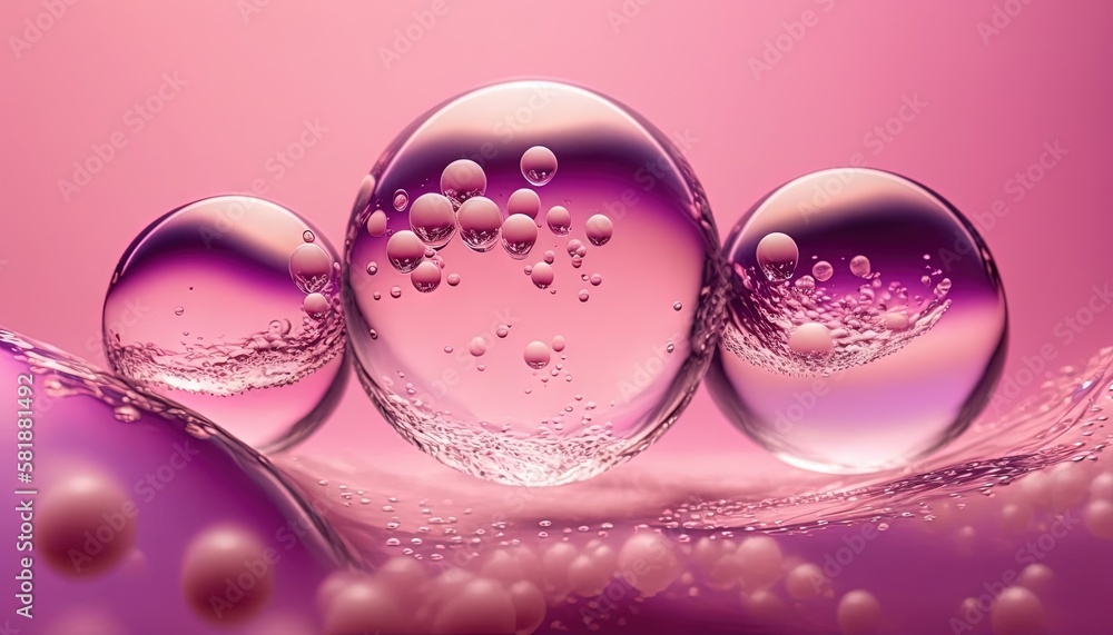 Poster a group of bubbles floating on top of a pink surface with bubbles in the air and water droplets on t