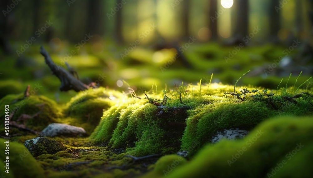 Poster a moss covered forest with a sun shining through the trees in the background and a small patch of gr