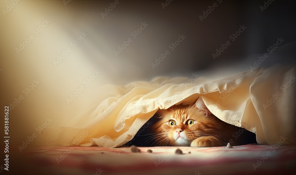 Poster a cat is hiding under a blanket on a bed with a light shining on it's head and it's eyes are wide op