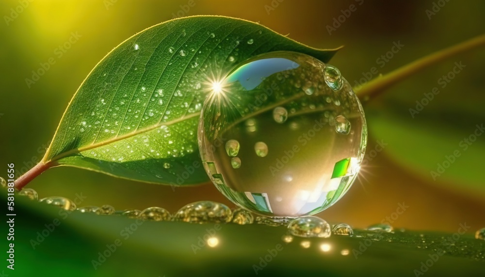Poster a close up of a water drop on a green leaf with dew drops on it and a green background with a green 