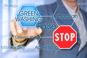 Stop Greenwashing - concept with business manager pointing to icons against a digital display and...