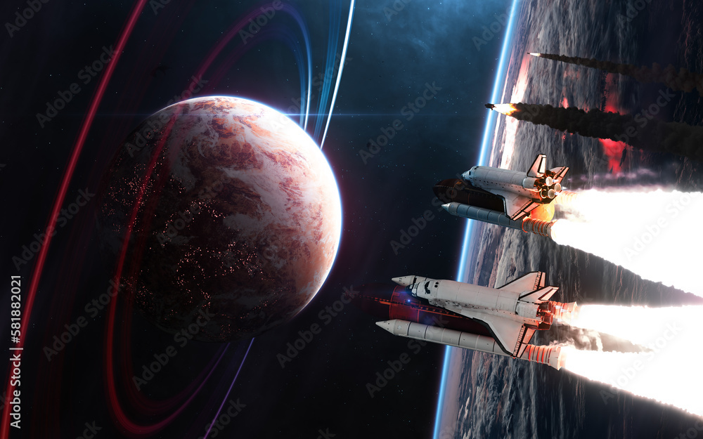 Sticker spaceships fly away from deep space planet. science fiction. elements of this image furnished by nas