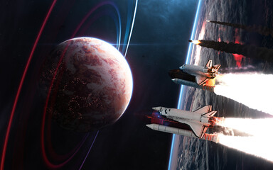 Spaceships fly away from deep space planet. Science fiction. Elements of this image furnished by NASA