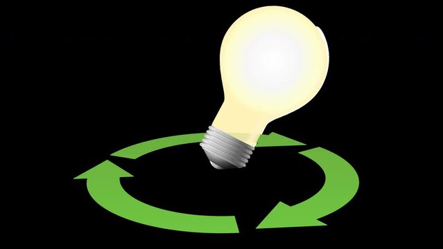 Animation loop of an electric bulb around which the green circular recycling symbol with 2 arrows (alpha channel)