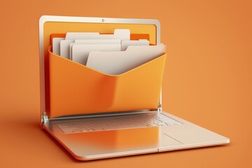 File folder on laptop screen, cloud storage concept, orange background. Generative AI