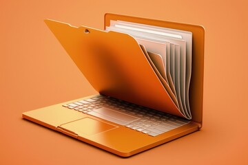 File folder on laptop screen, cloud storage concept, orange background. Generative AI - obrazy, fototapety, plakaty