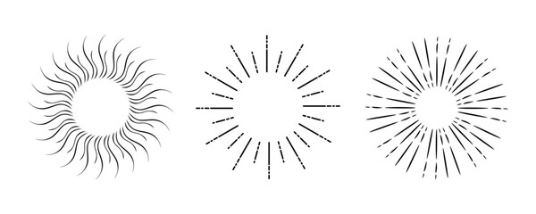 Set of vintage sunburst, vector frame. Bursting rays sunrise frame, isolated on white background. Collection Firework burst. Sunburst rays design elements, explosion black rays. Vector illustration