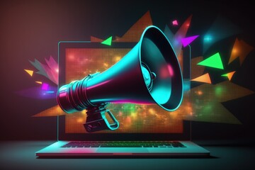 Laptop with megaphone, background with colorful neon lights, sales and marketing concept. Generative AI