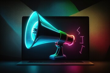 Laptop with megaphone, background with colorful neon lights, sales and marketing concept. Generative AI