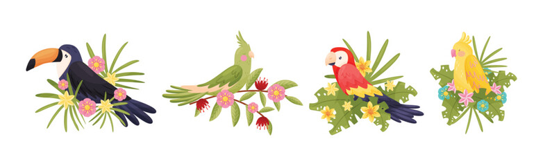 Perching Bird Sitting on Floral Twig or Branch with Blossoming Flowers Vector Set