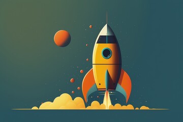 Illustration of rocket taking off, flat style, startup concept. Generative AI