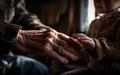 Fototapeta premium A little Childs hand holding the hands of an elderly person, perhaps a grandfather or grandmother. Symbol of family, life and aging. Illustrative Generative AI.