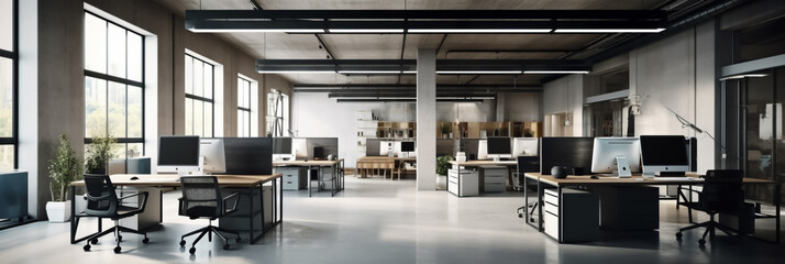 Modern Office interior, open area with bright light, stylish furniture and computers. Architecturally pleasing. No people. Wide screen, Panoramic view. Illustrative Generative AI.