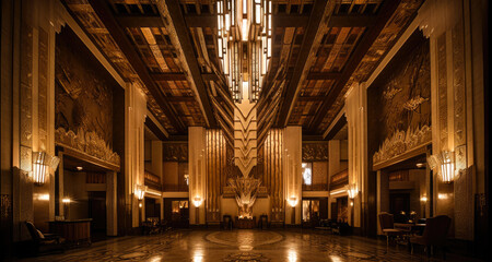 Art Deco interior design, dark, gold, lobby. Generative AI