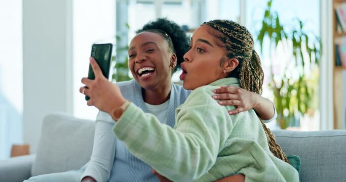 Selfie, friends and black women with phone with funny, comic and happy expression for social media post. Emoji, influencer and girls smile with smartphone for memory, profile picture and vlog on sofa