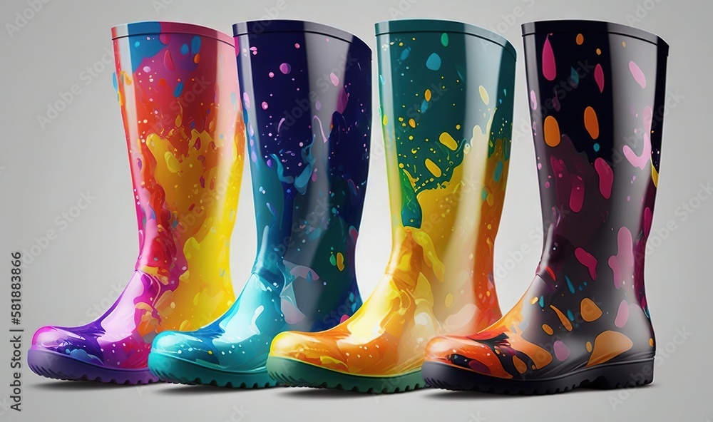 Poster a row of colorful rain boots on a gray background with a splash of paint on the bottom of the boots 