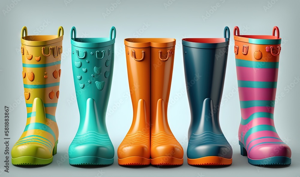Poster a row of colorful rain boots lined up against a gray background with a blue background and a red one