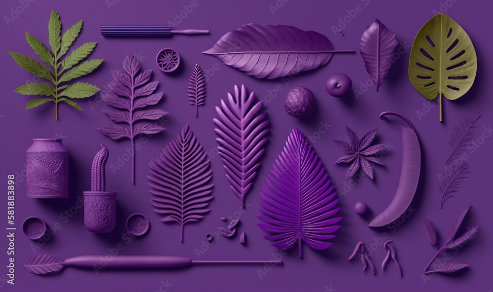 Poster a purple background with different types of leaves and other things to make it look like it is cut o