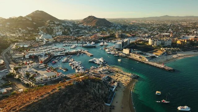 Cabo San Lucas Harbour and Marina aerial view into the marina. Drone footage. 