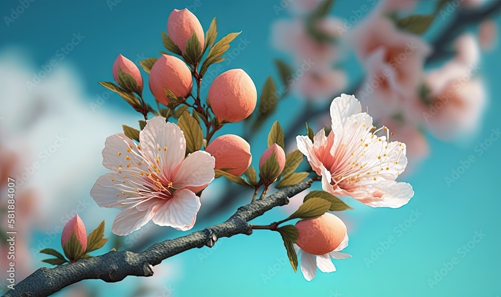 Poster a branch of a flowering tree with pink flowers on it and a blue sky in the background with clouds in