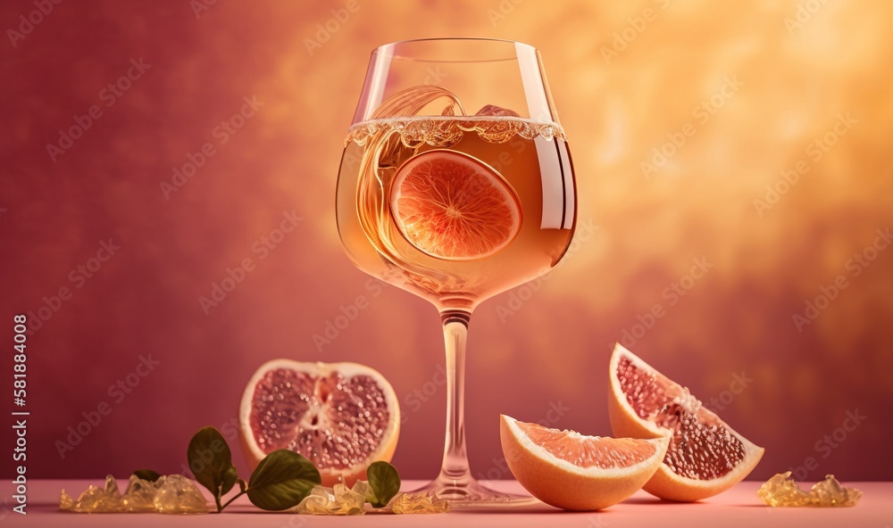Poster a glass of wine with a slice of grapefruit and a grapefruit on a table with a few pieces of grapefru