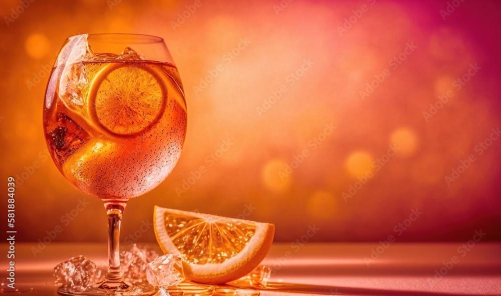 Aufkleber a glass of wine with a slice of lemon on the side and ice cubes on the floor in front of a blurry ba