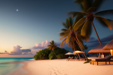 Maldives. View of the picturesque beach at evening, the surf, beautiful clouds at sunset. Travel concept of ecological environment. Generative AI