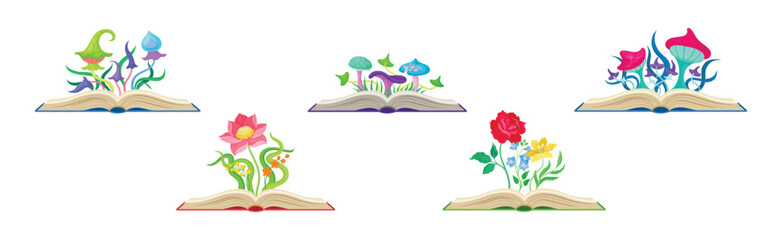 Open Book with Different Fabulous Mushrooms and Flowers Vector Set