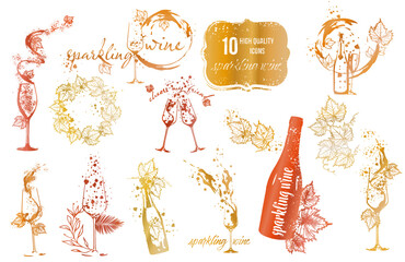 10 high quality sparkling wine icons set - Art for menu, shop, market or sale. Bonus wine stains. Sketchy collection of grape leaves and different wine elements.