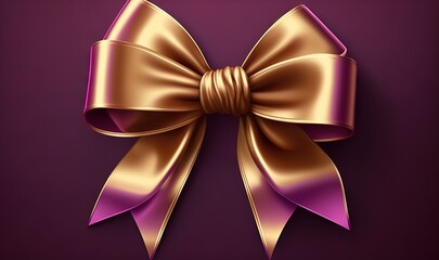  a shiny gold bow on a purple background with a diagonal ribbon and a bow clipping down the middle of the bow is a shiny gold color.  generative ai