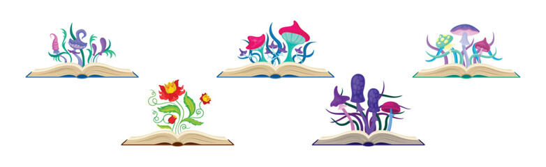 Open Book with Different Fabulous Mushrooms and Flowers Vector Set