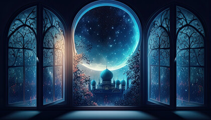Mystical window with crescent moon in night sky. generative Ai	