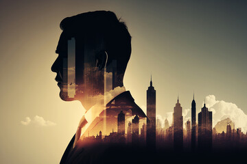 businessman head silhouette and skyscrapers double exposure. Generative AI - obrazy, fototapety, plakaty