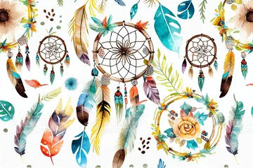 Papier Peint photo Style bohème seamless watercolor ethnic boho floral pattern dreamcatcher background Generative AI