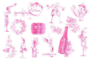 10 high quality sparkling wine icons set - Art for menu, shop, market or sale. Bonus wine stains. Sketchy collection of grape leaves and different wine elements.