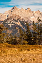 Alpine autumn or indian summer view with Mount Dachstein at Mount Rossbrand, Filzmoos, Salzburg, Austria