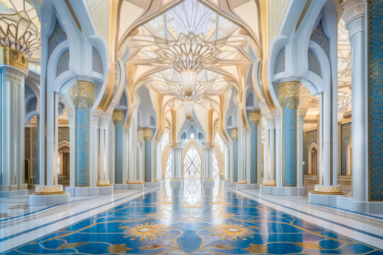 Elegant palace mansion interior design, gold, blue, pillars, light. Generative AI
