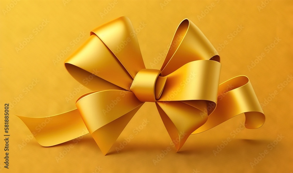 Poster a golden bow on a yellow background with a shadow on the floor and a shadow on the floor below it th