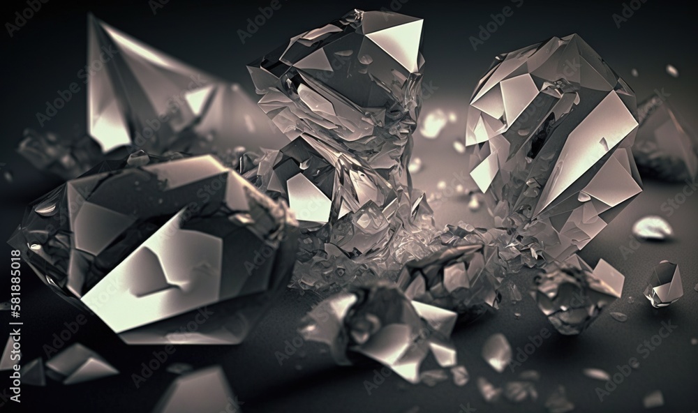 Poster a group of shiny diamonds on a black surface with a light reflection on the surface of the image and