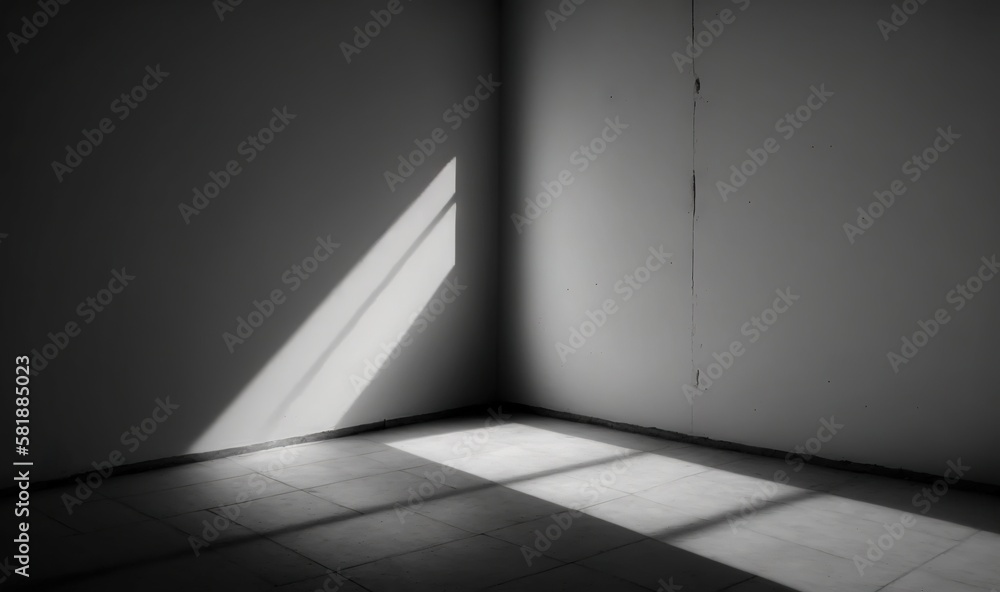 Poster a room with a wall and a window with a light coming through the window and a tile floor with a light