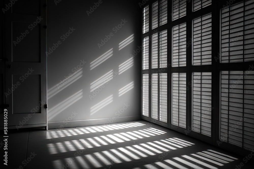 Poster a black and white photo of a room with a large window and a wall of windows with blinds on it and a 