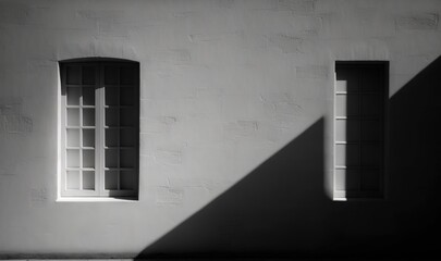  a white building with two windows and a shadow on the wall of the building and a bench in front of the window and the wall.  generative ai