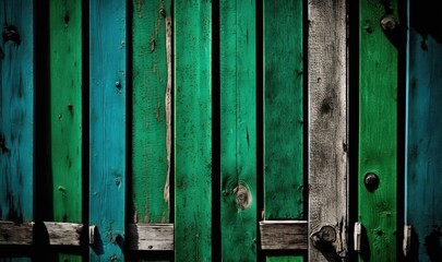  a wooden fence with green paint and a wooden bench in front of the fence is a dark background with only one piece of the fence visible.  generative ai