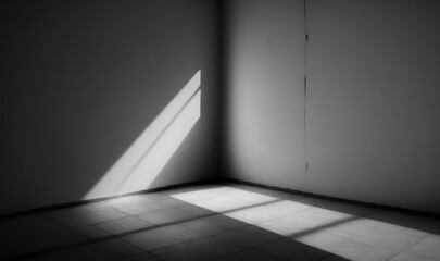  a room with a wall and a window with a light coming through the window and a tile floor with a light coming through the window.  generative ai