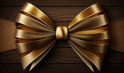  a wooden background with a gold bow on it's side and a brown ribbon on the top of it's bow, with a dark wood grainy grainy surface.  generative ai