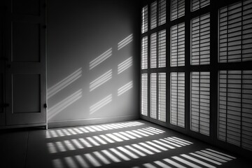  a black and white photo of a room with a large window and a wall of windows with blinds on it and a door in the background.  generative ai