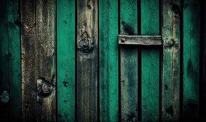 Fototapeta na wymiar a green door with a wooden handle on a wooden wall with peeling paint on the door and a wooden door handle on the side of the door. generative ai